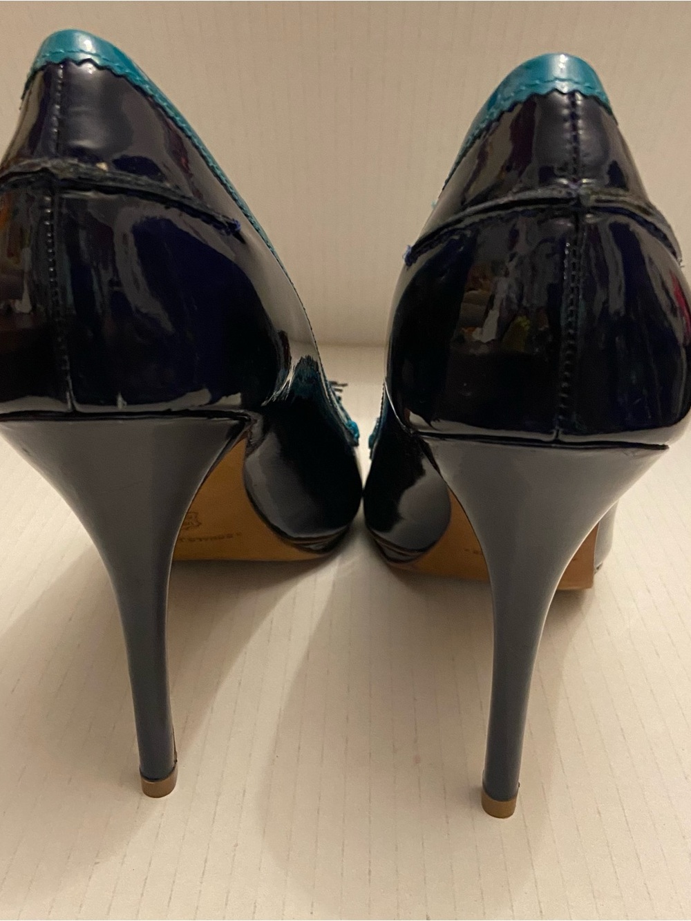 Donald J. Pliner Penni Tassel Color Block Navy and Teal Patent Peep-Toe Heels. - Picture 3 of 8